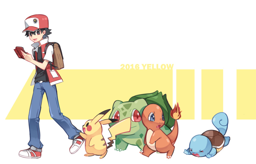 1boy :d backpack bag baseball_cap black_hair black_shirt blue_pants brown_bag bulbasaur charmander commentary_request from_side hat holding_pokedex huan_li jacket male_focus open_clothes open_jacket open_mouth pants pikachu pokedex pokemon pokemon_(game) pokemon_rgby red_(pokemon) red_headwear red_jacket shirt shoes short_hair smile squirtle standing starter_pokemon_trio tongue white_footwear