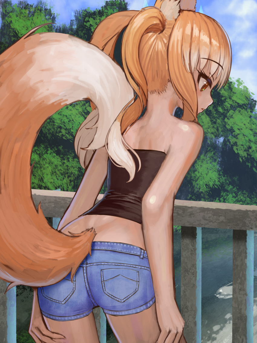 1girl animal_ear_fluff animal_ears bare_shoulders bent_over black_tube_top blue_shorts bridge closed_mouth eyebrows_visible_through_hair from_behind grey_hair hands_on_own_thighs highres long_hair looking_down multicolored_hair orange_eyes orange_hair original outdoors profile river shimogami_ataru short_shorts shorts sky slit_pupils solo strapless tail tube_top twintails