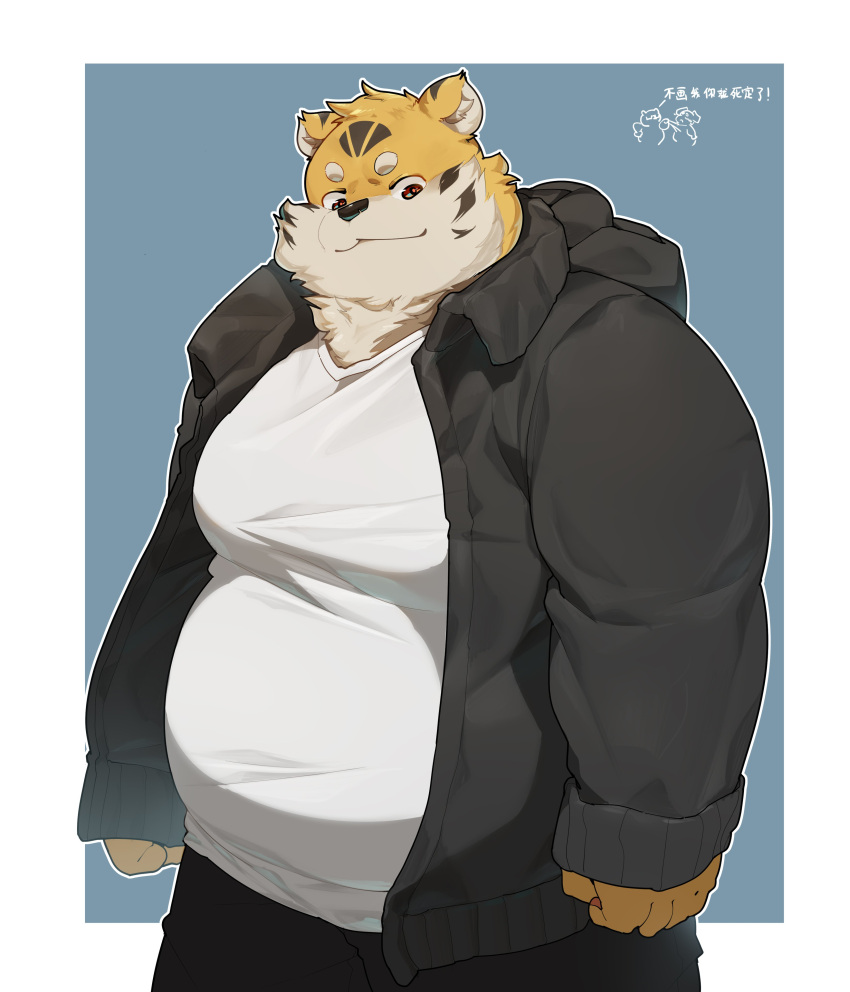 2021 absurd_res anthro belly clothing felid hi_res hoodie kemono male mammal overweight overweight_male piero03432812 shirt simple_background solo topwear white_body yellow_body
