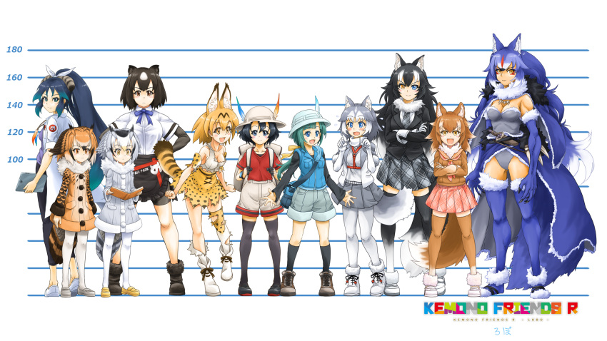 &gt;:) 6+girls :d alternate_costume animal_ears apron arms_at_sides backpack bag bangs bear_ears bird_tail black_hair blonde_hair blue_eyes blue_hair book bow bowtie brown_bear_(kemono_friends) brown_coat brown_eyes brown_hair cape chart closed_mouth coat crossed_arms dire_wolf_(kemono_friends) dog_(mixed_breed)_(kemono_friends) dog_ears dog_girl dog_tail empty_eyes eurasian_eagle_owl_(kemono_friends) extra_ears eyebrows_visible_through_hair facial_mark flying_sweatdrops full_body fur_collar gloves green_eyes green_hair grey_coat grey_hair grey_wolf_(kemono_friends) hair_between_eyes hair_ornament hands_on_hips hands_up harness hat_feather height_chart height_difference helmet heterochromia high-waist_skirt high_ponytail highres japanese_wolf_(kemono_friends) kaban_(kemono_friends) kako_(kemono_friends) kemono_friends labcoat layered_sleeves leotard lineup long_hair long_sleeves looking_at_another looking_at_viewer medium_hair miniskirt mugshot multicolored_hair multiple_girls naka_(nicovideo14185763) necktie northern_white-faced_owl_(kemono_friends) open_mouth orange_hair owl_ears pants pantyhose paw_pose pith_helmet plaid plaid_necktie pleated_skirt print_bow print_bowtie print_gloves print_skirt red_hair red_shirt serval_(kemono_friends) serval_print shirt shoes short_over_long_sleeves short_sleeves shorts shoulder_bag skirt smile socks standing strapless strapless_leotard t-shirt tail thighhighs tomoe_(kemono_friends)_(niconico88059799) torn_clothes two-tone_hair v-shaped_eyebrows very_long_hair vest waist_apron white_hair wolf_ears wolf_girl wolf_tail yellow_eyes zettai_ryouiki