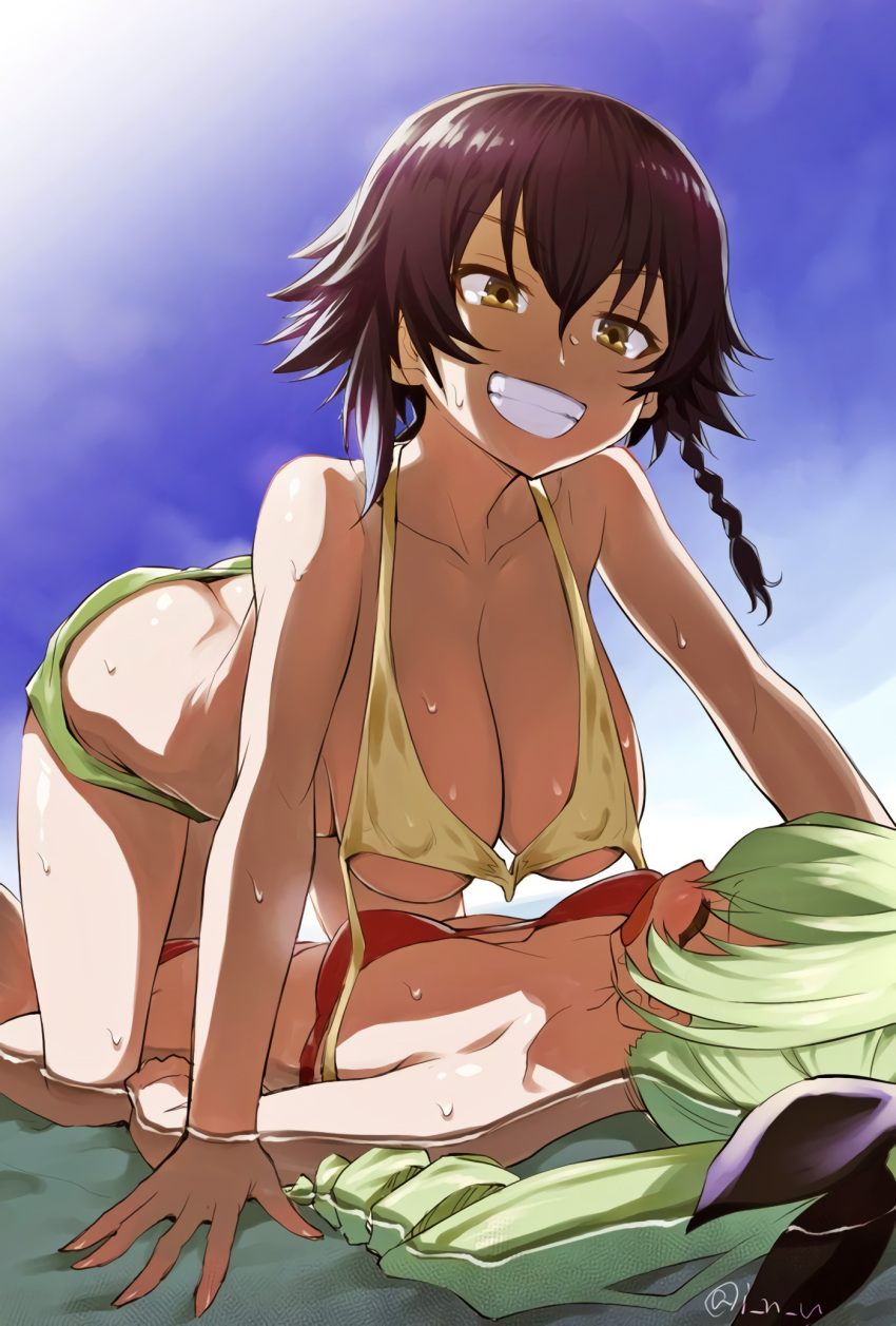 2girls all_fours anchovy_(girls_und_panzer) artist_name bikini bikini_top black_hair blue_sky braid breasts brown_eyes butt_crack cleavage closed_eyes cloud cloudy_sky covered_nipples day drill_hair girls_und_panzer green_hair grin hanging_breasts highres inu_(aerodog) large_breasts long_hair multiple_girls outdoors partially_submerged pepperoni_(girls_und_panzer) perky_breasts red_bikini short_hair short_shorts shorts side_braid sky small_breasts smile swimsuit untied untied_bikini wet wet_hair yuri