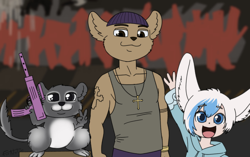 anthro anthrofied aogami beanie_hat carlos_(saints_row) chinchilla chinchillid cross feral furnut gesture graffiti group gun hi_res humanoid male male/male mammal ranged_weapon rodent skillet_(12om) smile smiling_at_viewer v_sign waving_at_viewer weapon