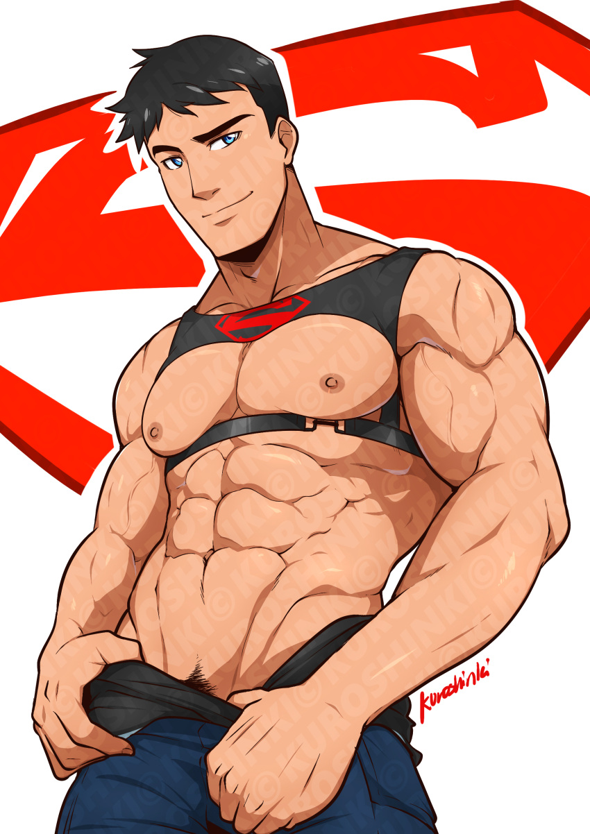 1boy abs absurdres bara black_hair black_shirt blue_eyes blue_pants closed_mouth highres kon-el kuroshinki large_pectorals looking_at_viewer male_focus muscular muscular_male navel nipples pants pectorals shirt shirt_removed short_hair smile solo superboy veins veiny_arms young_justice