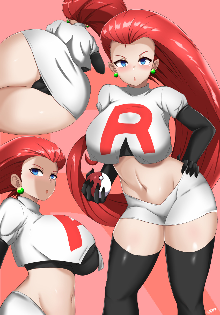 1girl :o absurdres ass black_gloves black_legwear black_shirt blue_eyes blush breasts cameltoe contrapposto crop_top earrings gloves hair_slicked_back hand_on_hip highres holding holding_poke_ball huge_breasts jacket jessie_(pokemon) jewelry long_hair looking_at_viewer lying microskirt midriff morris1611 navel on_side poke_ball poke_ball_(basic) pokemon pokemon_(anime) red_hair shirt single_letter skirt stomach team_rocket team_rocket_uniform thighhighs very_long_hair white_jacket white_skirt zettai_ryouiki