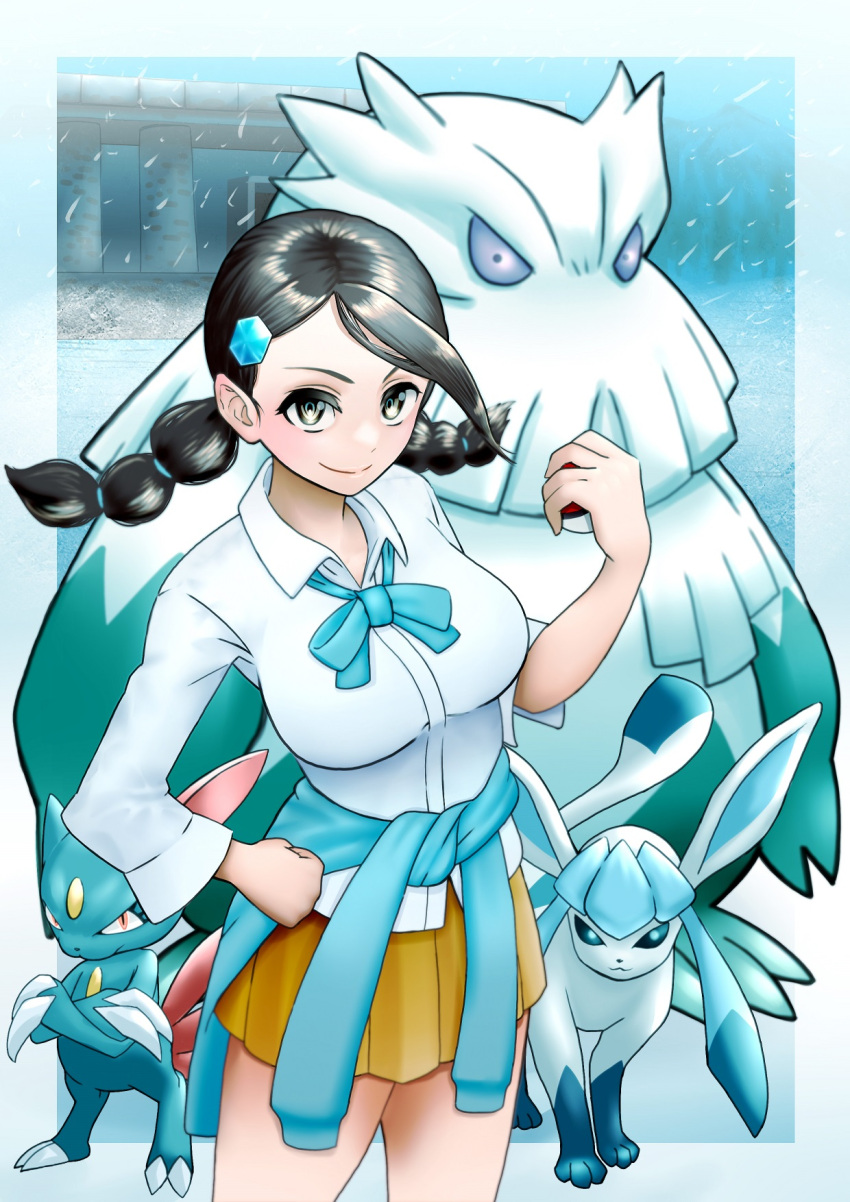 1girl abomasnow bow breasts candice_(pokemon) clothes_around_waist commentary_request crossed_arms glaceon hand_on_hip highres holding holding_poke_ball miniskirt nabe_saori poke_ball poke_ball_(basic) pokemon pokemon_(creature) pokemon_(game) pokemon_dppt skirt smile sneasel snow twintails