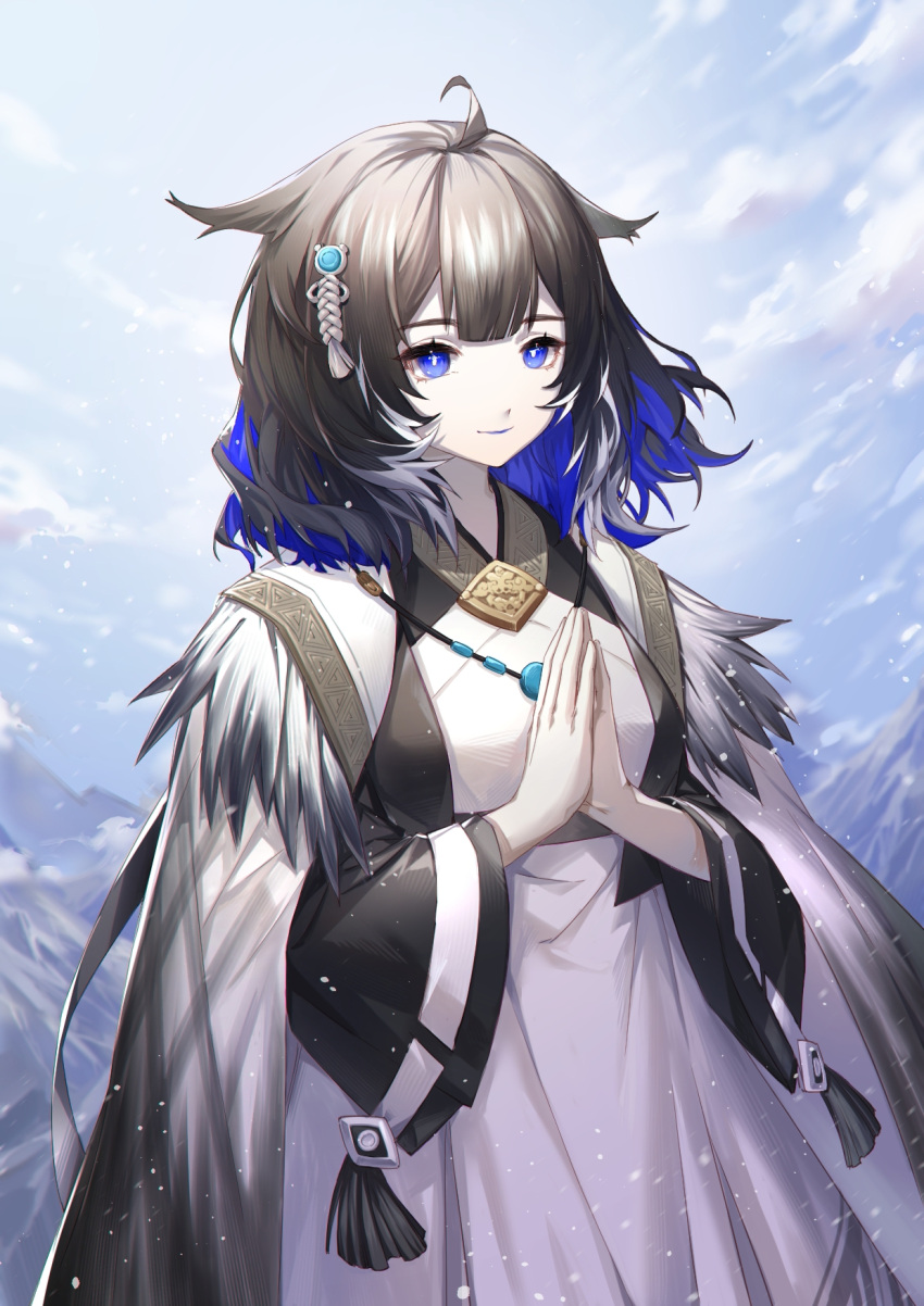 1girl ahoge arknights black_cape black_hair blue_hair blue_sky blueberry63 breasts cape closed_mouth commentary_request cowboy_shot day dress feather_trim gradient_hair hair_ornament highres jewelry kjera_(arknights) long_sleeves looking_at_viewer medium_breasts mountain multicolored_hair necklace outdoors own_hands_together pale_skin purple_eyes purple_hair sky smile snowing solo tassel white_dress white_hair wide_sleeves winter
