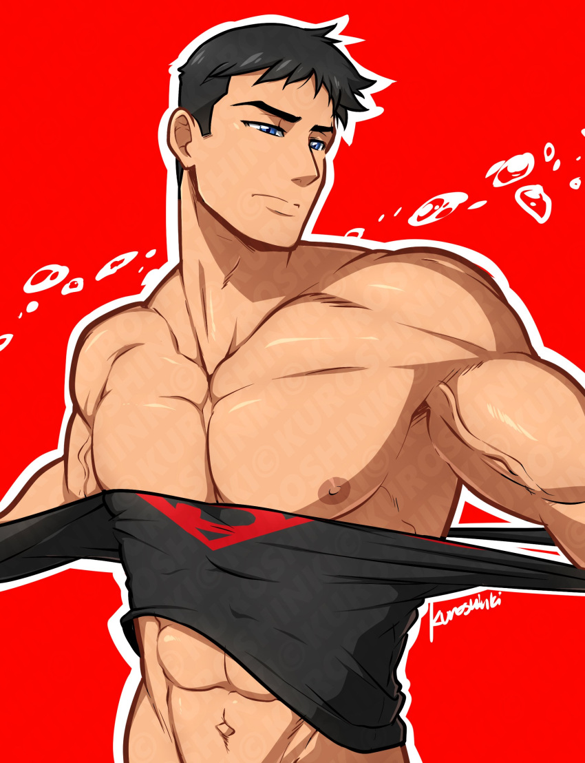 1boy abs absurdres bara black_hair black_shirt blue_eyes closed_mouth highres kon-el kuroshinki large_pectorals male_focus muscular muscular_male navel nipples pectorals shirt short_hair simple_background solo superboy torn_clothes torn_shirt upper_body veins veiny_arms young_justice