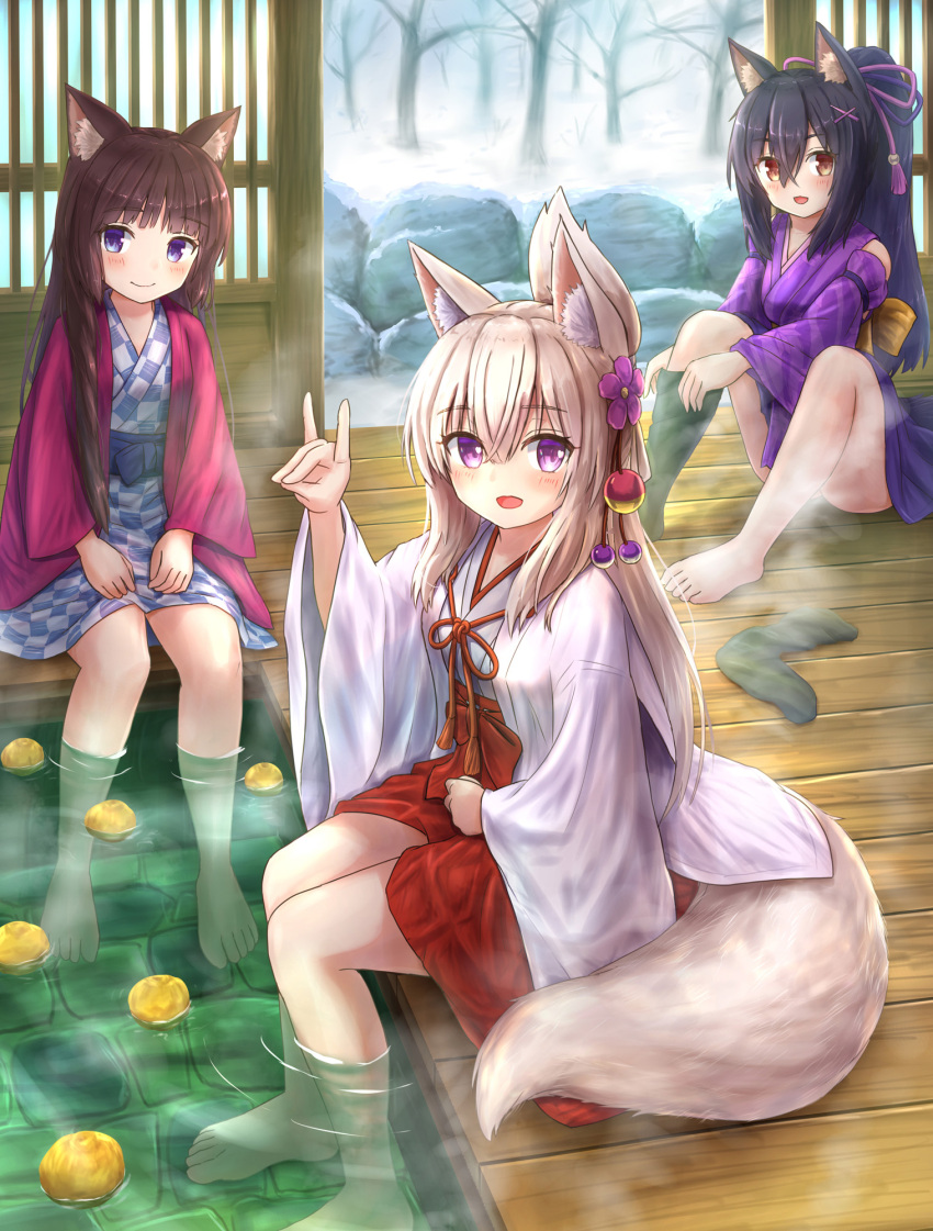 :d animal_ear_fluff animal_ears bare_tree barefoot black_hair black_legwear blush brown_eyes brown_hair cat_ears checkered_clothes checkered_kimono commentary_request detached_sleeves folded_ponytail foot_bath fox_ears fox_girl fox_shadow_puppet fox_tail hair_ornament hairclip hakama hakama_short_skirt hakama_skirt hand_up highres indoors iroha_(iroha_matsurika) japanese_clothes kimono koyoi_(iroha_(iroha_matsurika)) kunoichi-chan_(iroha_(iroha_matsurika)) long_hair long_sleeves looking_at_viewer miko mutsuki_(iroha_(iroha_matsurika)) obi original ponytail purple_eyes purple_kimono purple_sleeves red_hakama ripples sash sitting skirt sleeveless sleeveless_kimono smile soaking_feet socks_removed steam stone_wall tail tree undressing very_long_hair wall water white_kimono wide_sleeves wolf_ears x_hair_ornament