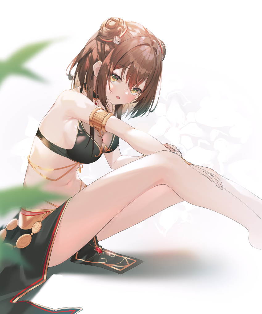 1girl absurdres armlet armpits bare_legs bare_shoulders bikini black_bikini black_choker black_skirt breasts brown_hair choker cleavage double_bun highres knees_up looking_at_viewer medium_breasts midriff munseonghwa navel open_mouth pelvic_curtain revealing_clothes short_hair sitting skirt solo stomach swimsuit thighs virtual_youtuber yellow_eyes