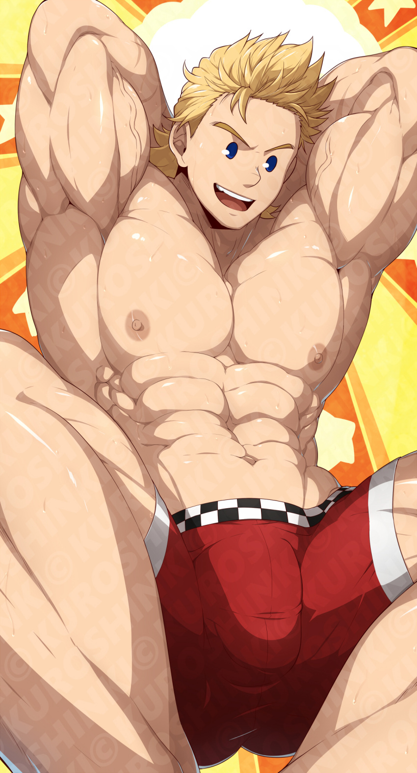 1boy abs arms_behind_head bara blonde_hair blue_eyes boku_no_hero_academia boxer_briefs highres kuroshinki large_pectorals male_focus male_underwear muscular muscular_male navel nipples open_mouth pectorals red_male_underwear short_hair smile solo sweat thighs togata_mirio underwear veins veiny_arms