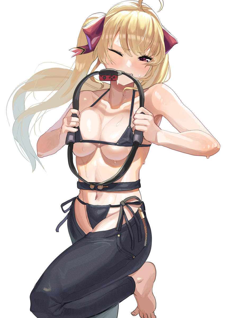 1girl absurdres ahoge bangs barefoot belt bikini black_bikini black_pants blonde_hair blush breast_squeeze breasts clenched_teeth collarbone crotchless crotchless_pants eyebrows_visible_through_hair hair_ribbon highres joy-con koiso_usu large_breasts leg_up long_hair micro_bikini navel nijisanji one_eye_closed pants purple_eyes red_ribbon revealing_clothes ribbon ring-con ring_fit_adventure side-tie_bikini simple_background solo sweat swimsuit takamiya_rion teeth twintails virtual_youtuber white_background wince zipper zipper_pull_tab