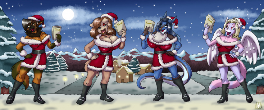 2021 angel angelique_(bornvictim) anthro azula_'alice'_raektha big_breasts bird_dog black_body black_hair black_scales blue_body blue_hair blue_scales boots breasts brown_body brown_fur brown_hair canid canine canis charo_corduroy christmas christmas_clothing christmas_headwear cleavage clothed clothing cocker_spaniel costume digital_media_(artwork) domestic_cat domestic_dog dragon dreaj1 feathered_wings feathers felid feline felis female footwear full_moon fur group hair hand_on_hip hand_on_own_hip hat headgear headwear holidays hunting_dog hyaenid lips lipstick makeup mammal mlock moon multicolored_body multicolored_scales night open_mouth open_smile pamphlet pink_body pink_fur plant ruby_fawn ruff santa_costume santa_hat scales singing smile snow snowing spaniel spots spotted_body spotted_fur spotted_hyena standing story story_in_description tree two_tone_body two_tone_scales white_hair wings