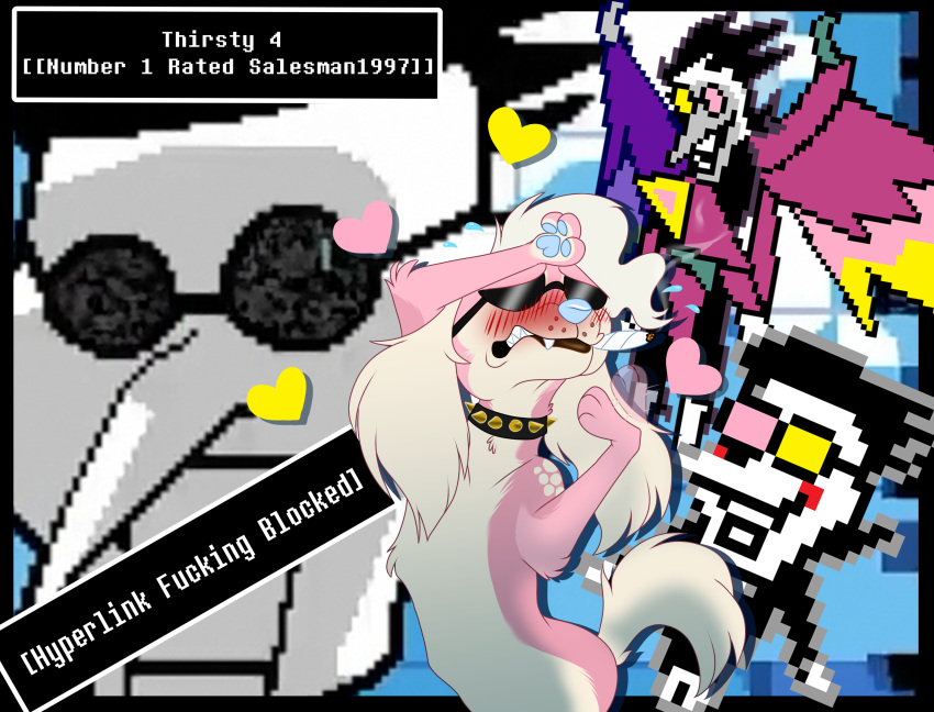 &lt;3 black_hair blue_nose blue_pawpads blush bodily_fluids canid canine canis clothed clothing collar darkner deltarune detailed_background dialogue_box domestic_dog drugs duo english_text eyewear female feral flustered fur glasses hair hi_res humanoid male mammal marijuana pawpads pink_body pink_fur simple_background smile spamton_g._spamton spamton_neo spiked_collar spikes sunglasses sweat sweatdrop text thepinkdemon undertale_(series) video_games white_background wings