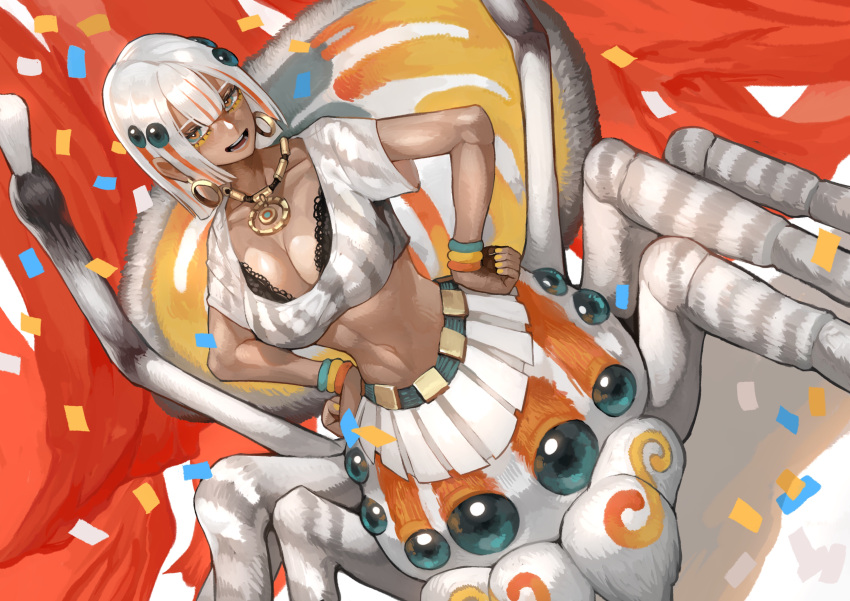 1girl :d absurdres arachne arthropod_girl arthropod_legs bangs black_bra blue_eyes blunt_bangs bra bra_peek breasts carapace cleavage collarbone commentary_request commission confetti crop_top cropped_shirt dark-skinned_female dark_skin dutch_angle earrings extra_eyes eyebrows_behind_hair groin hair_between_eyes hands_on_hips highres hoop_earrings jewelry large_breasts looking_at_viewer midriff monster_girl multicolored_hair multiple_legs navel necklace open_mouth original red_hair shadow shirt short_sleeves sidelocks skeb_commission skirt smile solo spider_girl standing striped striped_shirt sumosamo taur teeth two-tone_hair underwear white_hair white_shirt white_skirt wristband