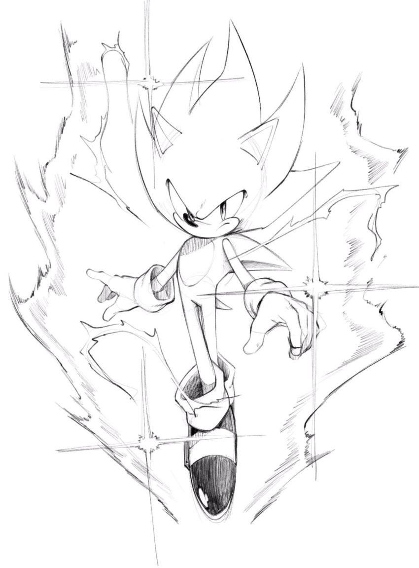 1boy aeyga aura closed_mouth floating furry furry_male gloves greyscale highres looking_at_viewer male_focus monochrome serious shoes sneakers solo sonic_(series) sonic_the_hedgehog super_sonic traditional_media