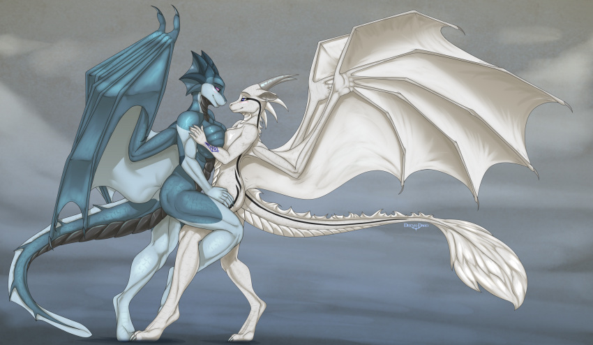 anthro breast_size_difference breasts claws dancing dragon dreyk-daro duo female female/female hi_res scalie tattoo white_body wings