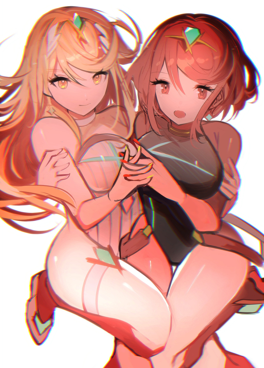 absurdres bangs blonde_hair breasts chest_jewel gem headpiece highres large_breasts long_hair mythra_(radiant_beach)_(xenoblade) mythra_(xenoblade) one-piece_swimsuit pyra_(pro_swimmer)_(xenoblade) pyra_(xenoblade) red_hair ribbed_swimsuit short_hair strapless strapless_swimsuit striped striped_swimsuit swept_bangs swimsuit tarbo_(exxxpiation) tiara vertical-striped_swimsuit vertical_stripes very_long_hair white_swimsuit xenoblade_chronicles_(series) xenoblade_chronicles_2 yellow_eyes