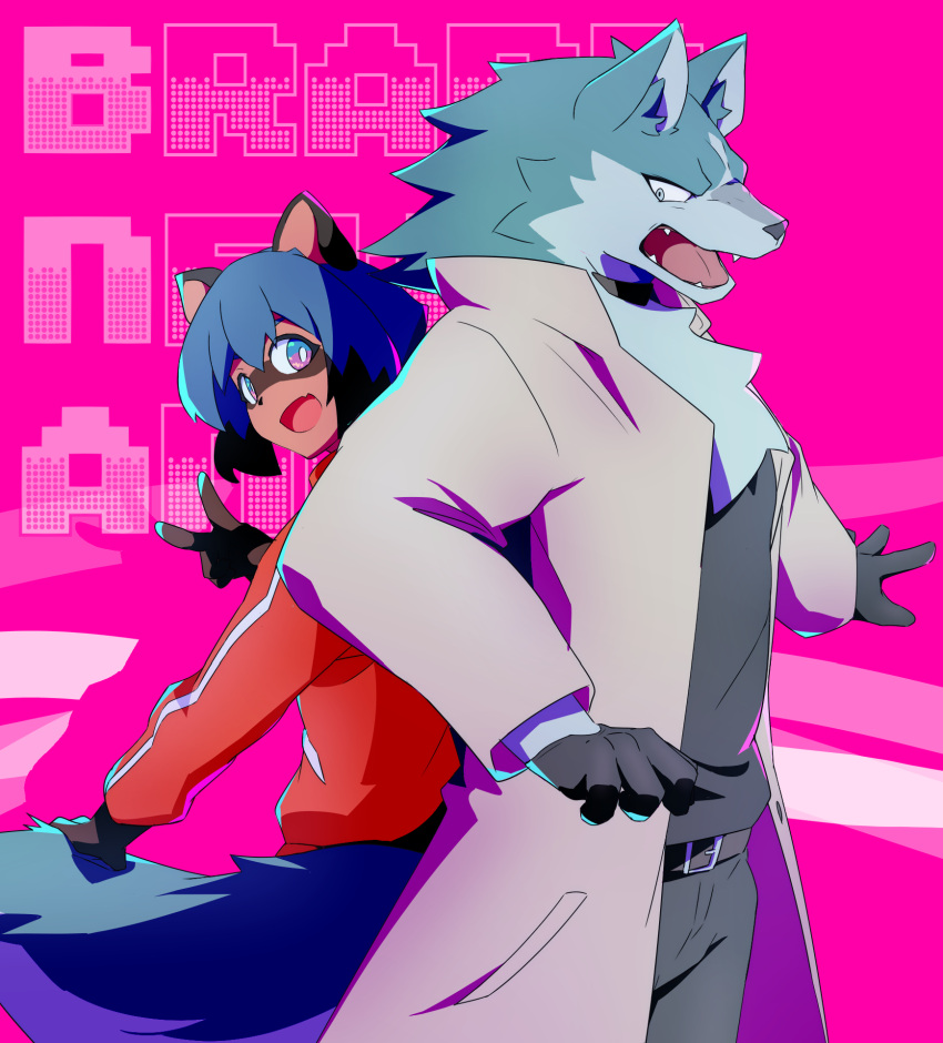 anthro belt black_ears black_highlights blue_body blue_fur blue_hair blue_tail bottomwear brand_new_animal canid canine canis clothed clothing duo fully_clothed fur fur_tuft gesture hair hand_on_tail hi_res highlights_(coloring) mammal michiru_kagemori multicolored_hair raccoon_dog red_clothing red_topwear sakehabera shirou_ogami studio_trigger tanuki teeth tongue topwear tuft two_tone_hair v_sign wolf