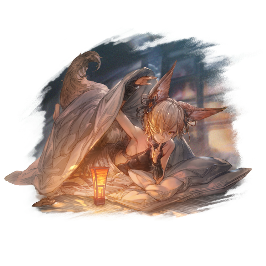 1boy animal_ears anklet bare_shoulders barefoot blanket blonde_hair collar erune finger_to_mouth flower fox_ears fox_tail futon gloves granblue_fantasy hair_flower hair_ornament indoors jewelry kou_(granblue_fantasy) lantern long_hair looking_at_viewer lying male_focus minaba_hideo official_art shushing solo tail yellow_eyes