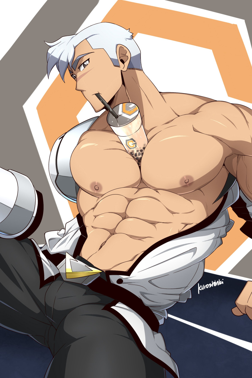 1boy abs absurdres bara bare_pectorals black_pants bubble_tea bubble_tea_challenge cup detached_arm disposable_cup drinking drinking_straw highres jacket kuroshinki large_pectorals looking_at_viewer male_focus muscular muscular_male navel nipples open_clothes open_jacket pants pectorals prosthesis prosthetic_arm scar scar_on_face scar_on_nose short_hair sideburns solo takashi_shirogane voltron:_legendary_defender white_hair white_jacket