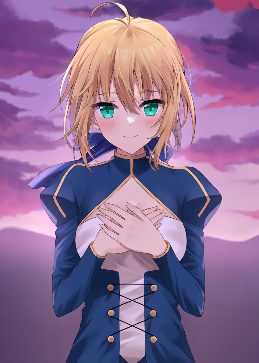 1girl absurdres ahoge artoria_pendragon_(fate) bangs blonde_hair blue_dress blue_ribbon blush closed_mouth clothing_cutout cloud dress eyebrows_visible_through_hair fate/stay_night fate_(series) green_eyes hair_between_eyes hair_ribbon hands_on_own_chest highres juliet_sleeves long_sleeves looking_at_viewer outdoors puffy_sleeves purple_sky ribbon saber short_hair sidelocks sky smile solo upper_body yuyuenimo