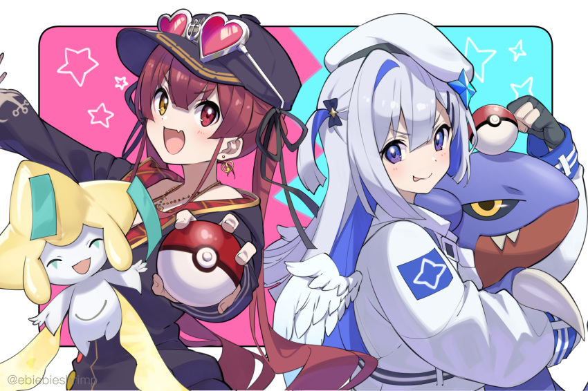 2girls amane_kanata asymmetrical_hair blue_hair bob_cut colored_inner_hair gabite heterochromia highres hololive houshou_marine jirachi multicolored_hair multiple_girls pink_hair poke_ball pokemon purple_eyes short_hair shuri_(84k) silver_hair streaked_hair virtual_youtuber