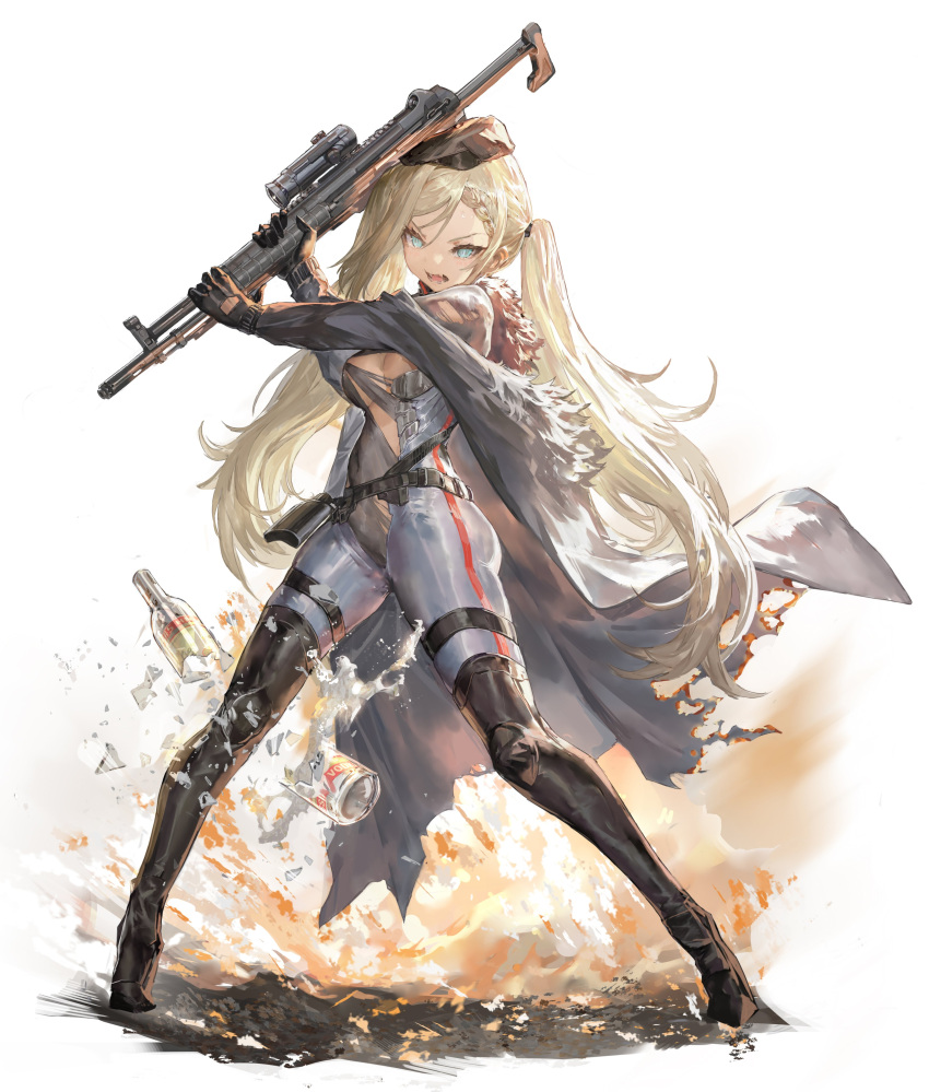 1girl a-545_(girls'_frontline) absurdres assault_rifle bangs black_footwear black_gloves black_headwear black_legwear black_leotard blonde_hair blue_eyes bodysuit boots breasts broken_bottle chinese_commentary coat commentary_request full_body fur-trimmed_coat fur_trim girls'_frontline gloves grey_coat gun hat highres holding holding_gun holding_weapon leotard long_hair long_sleeves looking_at_viewer medium_breasts messikid off_shoulder open_mouth rifle scope solo standing thigh_boots thighhighs torn_clothes torn_leotard twintails v-shaped_eyebrows very_long_hair weapon