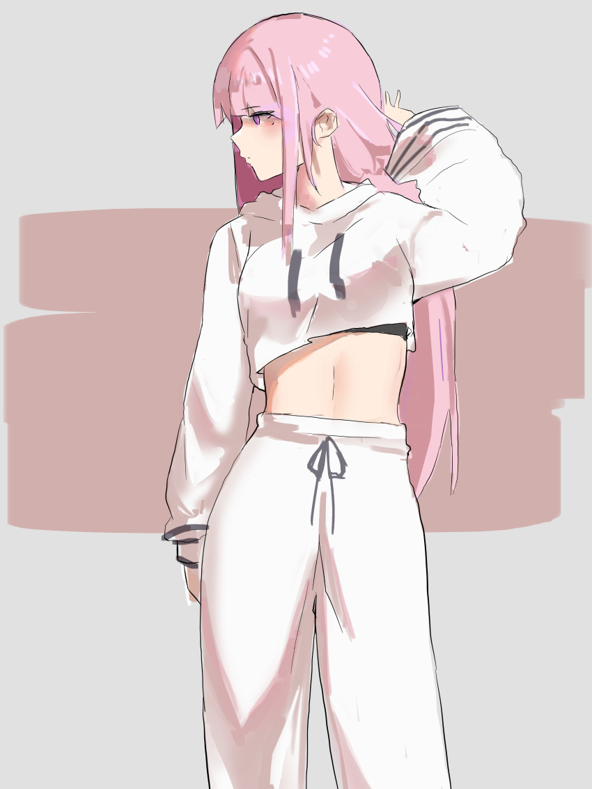 1girl absurdres cropped_hoodie eyebrows_visible_through_hair highres hololive hololive_english hood hoodie long_hair long_sleeves looking_away looking_to_the_side mori_calliope pants pink_eyes pink_hair skykappa solo sweatpants virtual_youtuber white_hoodie white_pants