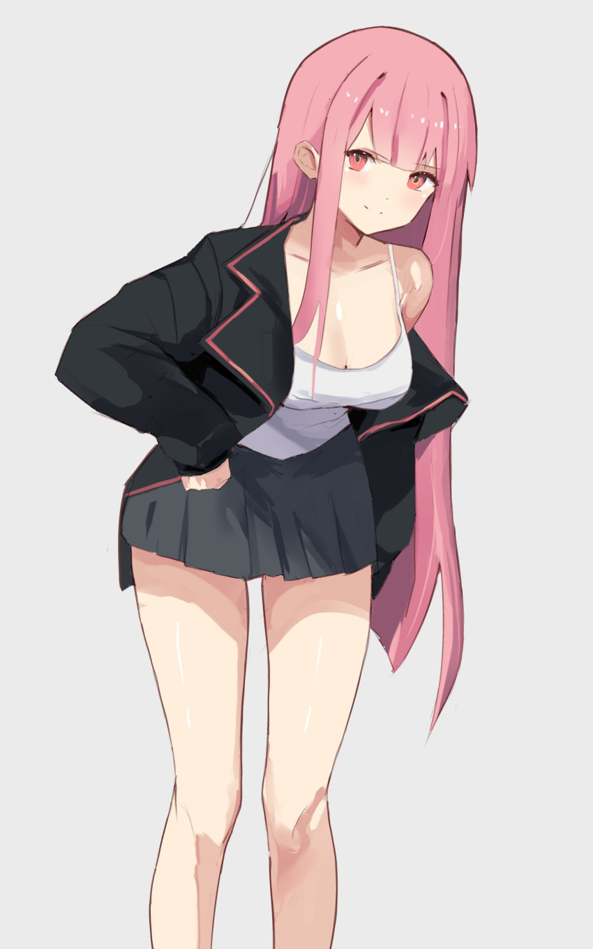 1girl bangs black_skirt blunt_bangs breasts cleavage closed_mouth eyebrows_visible_through_hair highres hololive hololive_english large_breasts leaning_forward long_hair looking_at_viewer mori_calliope pink_eyes pink_hair pleated_skirt skirt skykappa smile solo tank_top virtual_youtuber