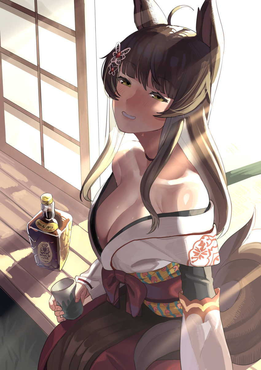 1girl absurdres ahoge alcohol animal_ears bangs bare_shoulders black_choker blush bottle breasts brown_hair butterfly_hair_ornament choker cleavage cup drunk eyebrows_visible_through_hair fox_ears fox_girl fox_tail fumi_(nijisanji) hair_ornament highres holding holding_cup japanese_clothes kimono koiso_usu large_breasts light_rays long_hair long_sleeves looking_at_viewer nijisanji off_shoulder porch red_skirt sitting skirt sliding_doors smile solo tail virtual_youtuber whiskey white_kimono yellow_eyes