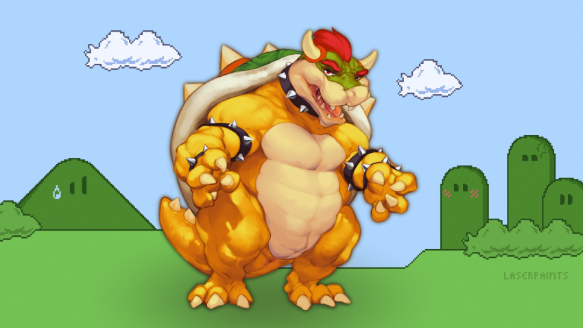 2021 animal_genitalia anthro bowser bracelet claws cloud collar finger_claws genital_slit genitals hair hi_res horn jewelry koopa laser_(artist) male mario_bros muscular muscular_anthro muscular_male nintendo red_hair scalie slit solo spiked_bracelet spiked_collar spikes tan_body toe_claws video_games yellow_body