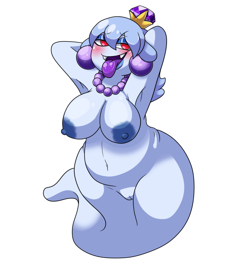 alpha_channel big_breasts blue_body blue_hair blush boo_(mario) breasts crown digital_media_(artwork) ear_piercing ear_ring eyeshadow fangs female gem genitals ghost hair hi_res humanoid jewelry lipstick looking_at_viewer makeup mario_bros mature_female necklace nintendo nipples not_furry nude open_mouth pearl_(gem) pearl_necklace piercing pussy queen royalty simple_background slightly_chubby smile solo spirit thick_thighs tongue tongue_out transparent_background video_games yoshimister