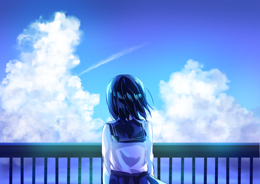 1girl absurdres black_hair blue_sailor_collar blue_skirt cloud cloudy_sky cowboy_shot cumulonimbus_cloud from_behind highres kofumi_(nxme5555) long_sleeves medium_hair original pleated_skirt sailor_collar sailor_shirt shirt skirt sky white_shirt