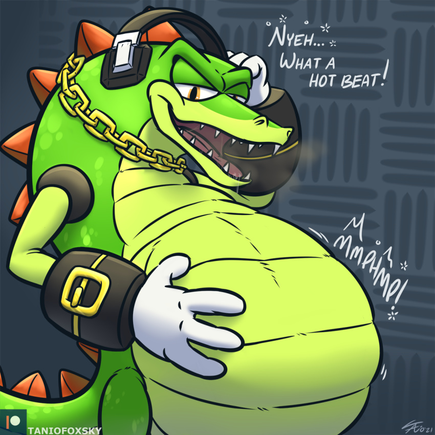 anthro belly clothing crocodile crocodilian crocodylid dialogue digital_media_(artwork) english_text gloves green_body groan handwear headphones hi_res jewelry male necklace reptile rumbling_stomach scales scalie sega solo sonic_the_hedgehog_(series) tanio text vector_the_crocodile vore watermark