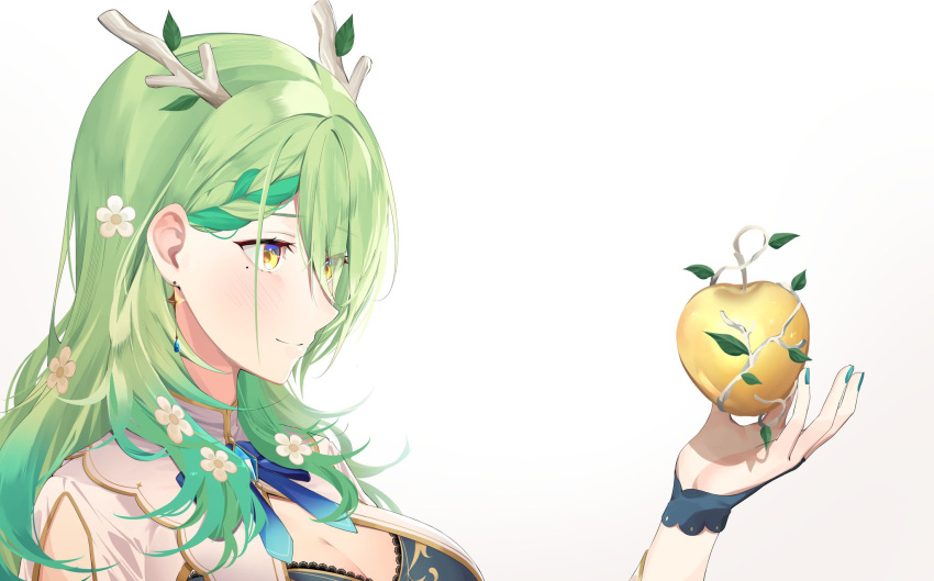 1girl antlers apple blush braid braided_bangs breasts ceres_fauna cleavage commentary earrings flower food from_side fruit golden_apple green_hair hair_flower hair_ornament highres hololive hololive_english jewelry large_breasts long_hair mole mole_under_eye simple_background smile solo upper_body virtual_youtuber white_background yellow_eyes yuya_(pixiv37335712)