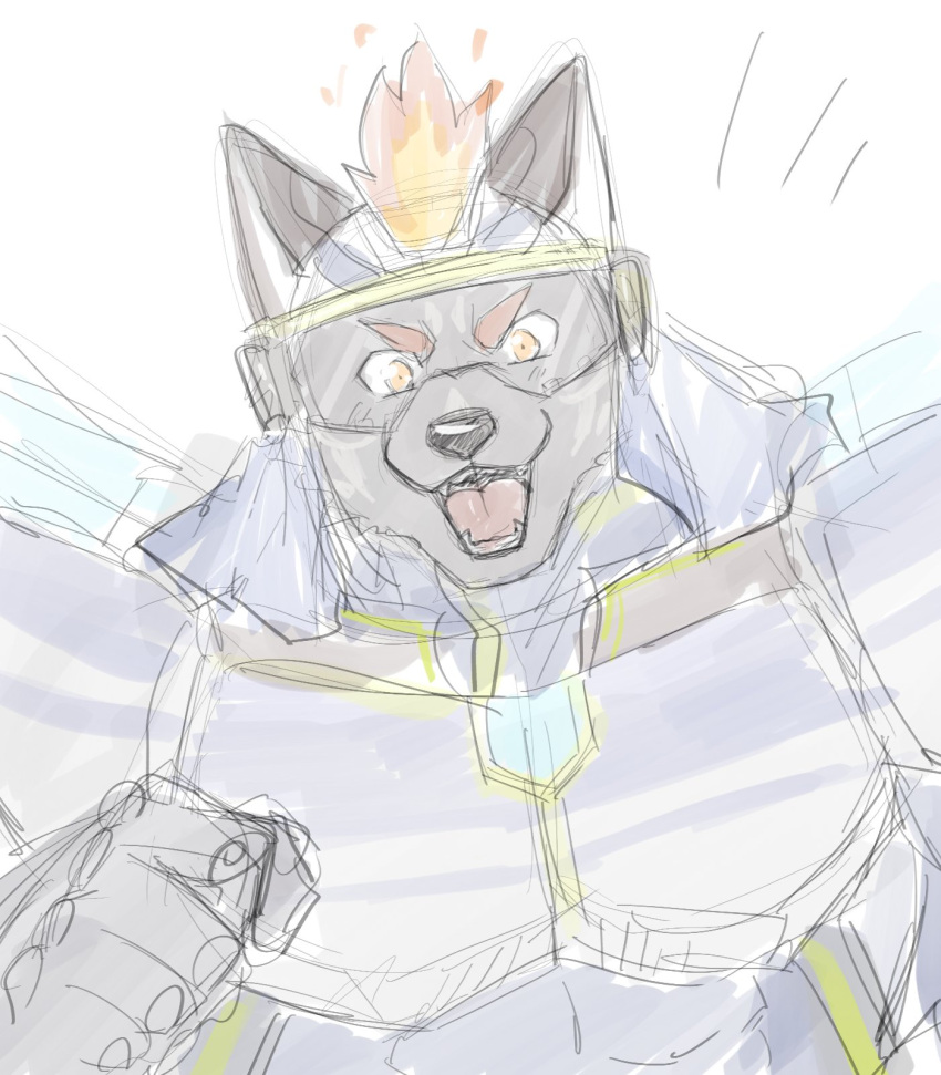 anthro armor eyewear fir fire flaming_hair flaming_mane furlong_(live-a-hero) goggles hi_res hyaenid lifewonders live-a-hero male mammal pseudo_hair pseudo_mane sketch solo superhero video_games yakiemon yellow_eyes