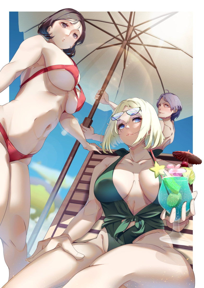 1boy 2girls :o bikini black_eyes black_hair blonde_hair blue_eyes breasts cleavage cup drinking_straw eyewear_on_head green_swimsuit gundam hand_on_own_thigh highres holding holding_cup kai_shiden large_breasts midriff mirai_yashima mobile_suit_gundam multiple_girls navel one-piece_swimsuit parted_lips purple_hair red_bikini sakusakusakurai sayla_mass short_hair sitting smile swimsuit topless_male underboob