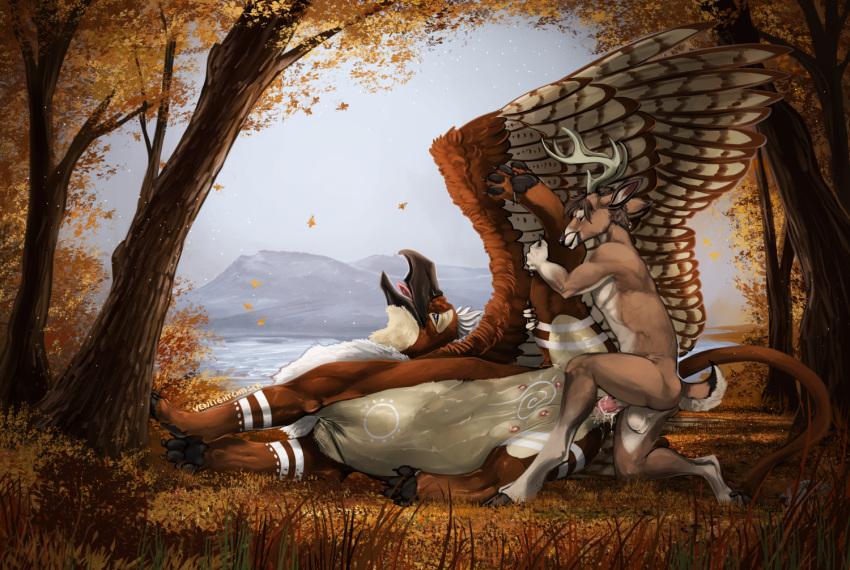 2021 4_teats 4_toes akerin anatomically_correct anatomically_correct_genitalia anatomically_correct_penis anthro anthro_on_feral anthro_penetrating anthro_penetrating_feral antlers autumn avian balls belly belly_markings bestiality bodily_fluids cervid chest_markings detailed_background digital_media_(artwork) digital_painting_(artwork) duo eyes_closed feathered_wings feathers feet female feral feral_penetrated fingers forest genital_fluids genitals gryphon half-closed_eyes holding_leg hooved_fingers hooves horn kneeling lake larger_penetrated leg_markings looking_pleasured lying male male/female mammal markings mountain mythological_avian mythology narrowed_eyes on_one_knee on_side one_leg_up open_mouth outside paws penetration penile penile_penetration penis penis_in_pussy plant pussy_juice pussy_juice_leaking pussy_juice_on_penis raised_leg rajha size_difference smile spread_wings teats toes tree vaginal vaginal_penetration venlightchaser wings