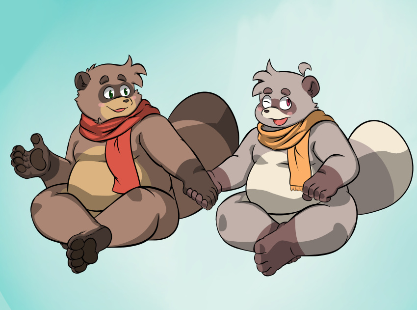 4_toes andythetanuki anthro belly canid canine duo feet franook franpaccio hand_holding hi_res male male/male mammal paws raccoon_dog scarf slightly_chubby tanuki toes