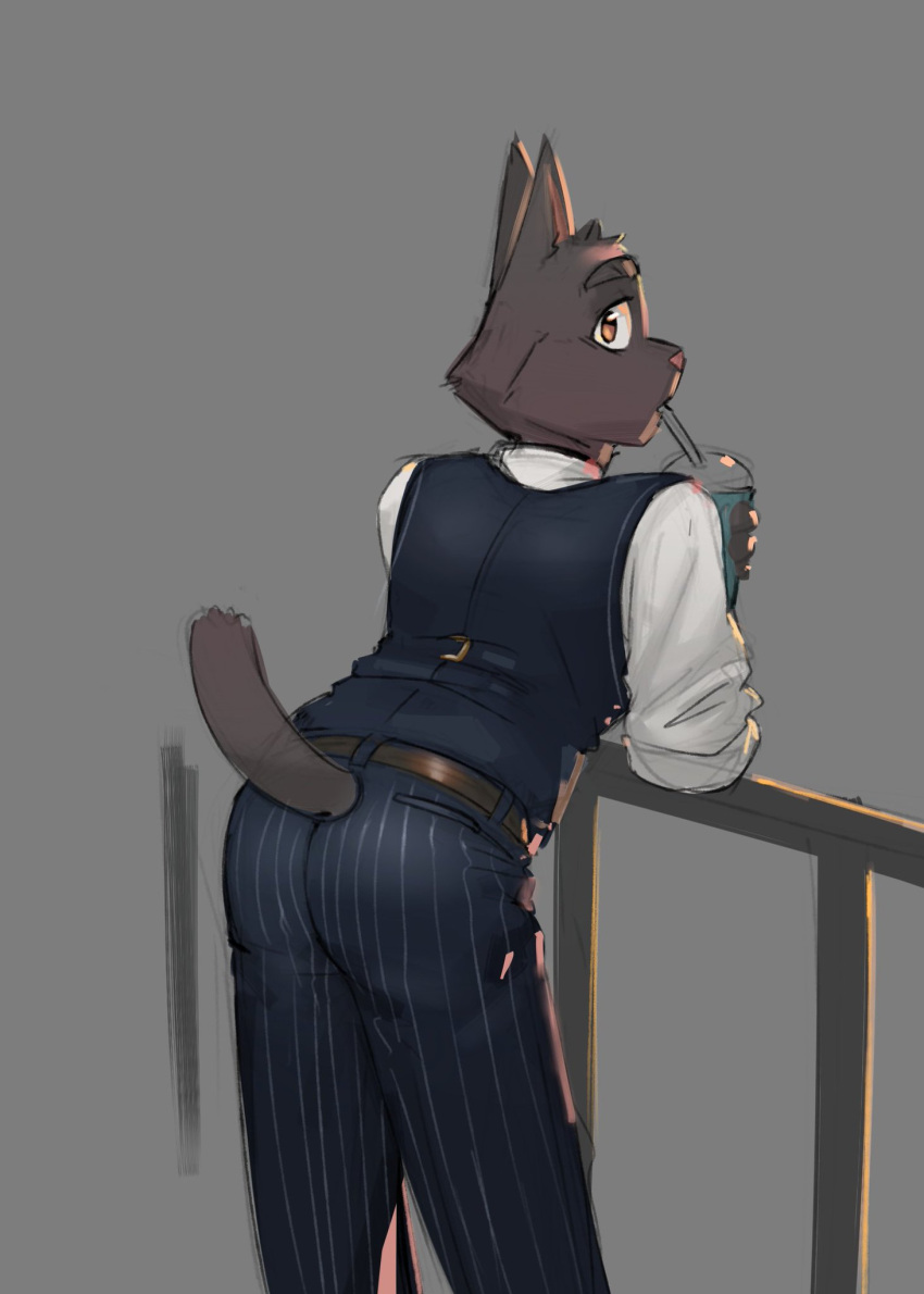 anthro brown_body brown_fur butt clothed clothing drinking felid fur gato_matero gato_matero's_fursona grey_background hi_res looking_at_viewer looking_back male mammal rear_view short_tail simple_background sketch slushie solo