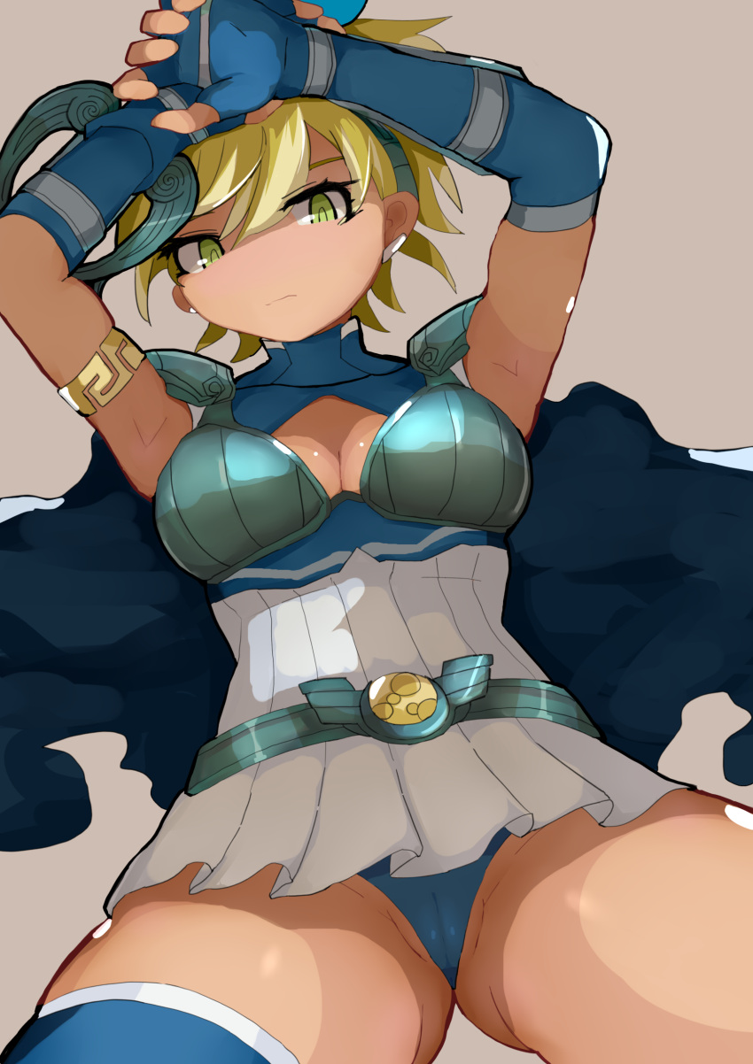 1girl absurdres armor artemis_(megami_tensei) blonde_hair blue_panties cameltoe gauntlets green_eyes highres kitami_tsuzuka looking_at_viewer no_nose panties running shin_megami_tensei shin_megami_tensei_v short_hair simple_background single_thighhigh skirt solo thighhighs underwear