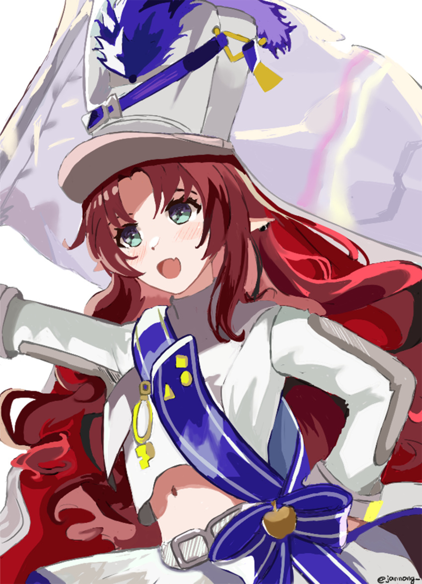 1girl arknights breasts cape fang flag green_eyes hand_on_hip hat highres holding holding_flag instrument jannong long_hair long_sleeves looking_ahead myrtle_(arknights) myrtle_(light_gold_celebration)_(arknights) navel official_alternate_costume open_mouth pointy_ears red_hair skin_fang small_breasts smile stomach twitter_username white_cape white_flag white_headwear
