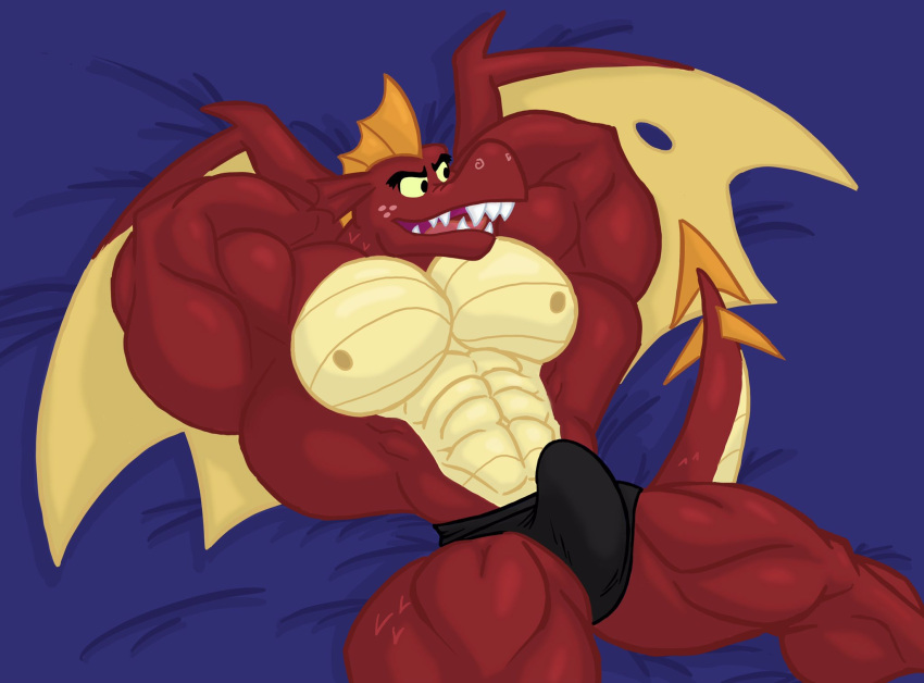 abs anthro big_muscles bulge clothing dragon encorejackal erection erection_pushing_underwear friendship_is_magic garble_(mlp) genital_outline hasbro hi_res male membrane_(anatomy) membranous_wings muscular my_little_pony nipples penis_outline scalie solo underwear western_dragon wings