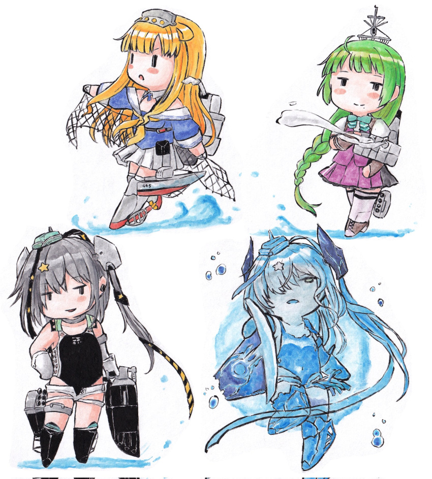 3girls abyssal_ship aqua_headwear black_footwear black_ribbon black_swimsuit blonde_hair blouse blue_bow blue_bowtie blue_shirt bow bowtie brown_gloves cargo_net chibi commentary_request competition_swimsuit double_bun fingerless_gloves fletcher_(kancolle) full_body garrison_cap gloves grey_hair hair_ornament hair_ribbon hat highres kantai_collection leg_armor long_hair machinery multiple_girls neckerchief net off_shoulder one-piece_swimsuit pleated_skirt poipoi_purin purple_skirt purple_vest remodel_(kantai_collection) ribbon rudder_footwear sailor_collar scamp_(kancolle) school_uniform serafuku shin_guards shirt short_shorts short_sleeves shorts side_ponytail skirt star_(symbol) star_hair_ornament submarine_shark_water_oni swimsuit thighhighs traditional_media vest white_blouse white_gloves white_legwear white_sailor_collar white_shorts white_skirt yellow_neckwear yuugumo_(kancolle) |_| ||_||