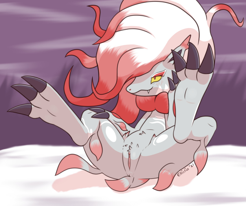 3_toes anus blush canid canine claws digitigrade ellistia fangs feet female finger_claws foot_focus fur genitals hand_on_face hindpaw hisuian_zoroark mammal nintendo outside paws pok&eacute;mon pok&eacute;mon_(species) pokemon_legends_arceus presenting presenting_pussy pussy red_eyes regional_form_(pok&eacute;mon) shaded sitting snow solo spread_legs spreading toe_claws toes video_games white_body white_fur yellow_sclera