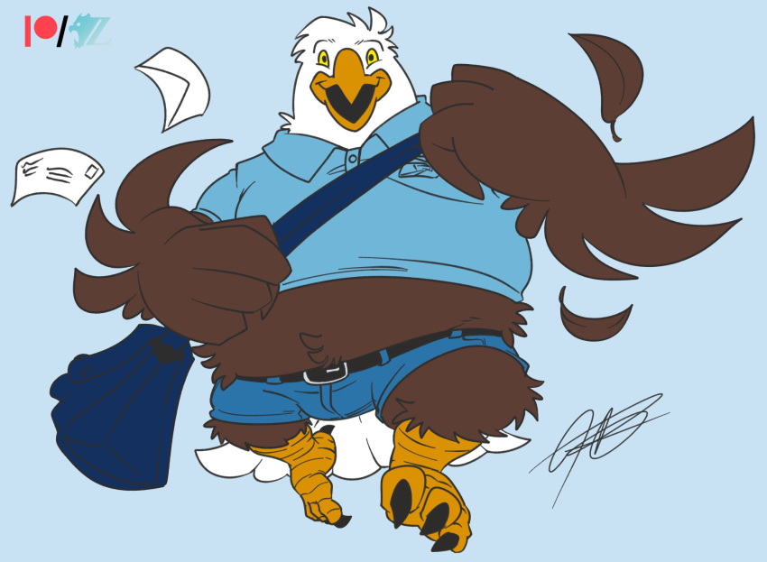 2020 4_toes 5_fingers accipitrid accipitriform anisodactyl anthro avian bald_eagle beak belly belt big_belly biped bird bird_feet black_claws black_eyebrows black_eyes blue_background bottomwear brown_body brown_feathers bulge claws clothed clothing delivery_(commerce) delivery_employee digital_media_(artwork) digitigrade eagle eyebrows feather_hands feathered_wings feathers feet fingers flat_colors front_view fully_clothed gregory_(zeiroslion) hi_res male midriff multicolored_body multicolored_feathers obese obese_anthro obese_male open_beak open_mouth overweight overweight_anthro overweight_male postal_carrier postal_delivery scutes sea_eagle signature simple_background solo tail_feathers talons tight_clothing tight_topwear toe_claws toes topwear two_tone_body two_tone_feathers united_states_of_america white_body white_feathers wings yellow_beak yellow_sclera zeiroslion