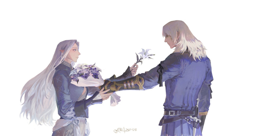 1boy 1girl belt blue_coat blue_eyes bouquet coat commentary cowboy_shot dated elezen elf estinien_varlineau eye_contact final_fantasy final_fantasy_xiv flower from_side gauntlets giving highres holding holding_bouquet holding_flower lily_(flower) long_hair long_sleeves looking_at_another outstretched_arm pointy_ears poriaflgilake sheath sheathed signature silver_hair simple_background smile standing sword weapon white_background ysayle_dangoulain