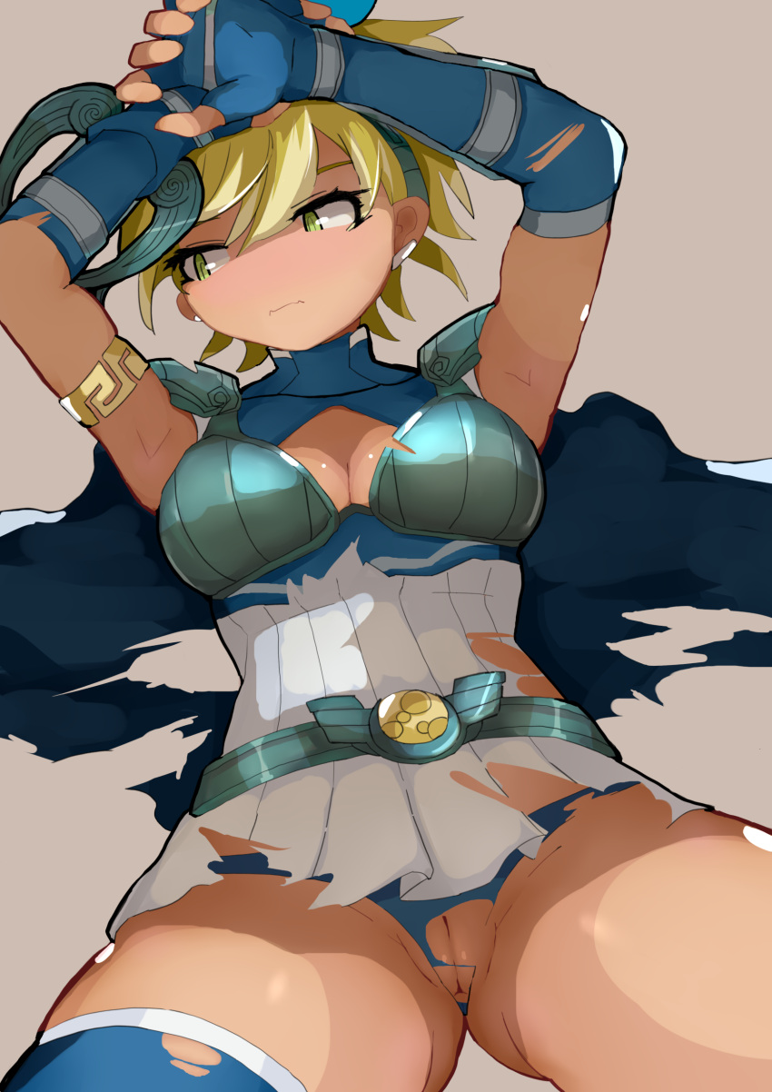 1girl absurdres armor artemis_(megami_tensei) blonde_hair blue_panties embarrassed gauntlets green_eyes highres kitami_tsuzuka looking_at_viewer looking_away no_nose panties pussy running shin_megami_tensei shin_megami_tensei_v short_hair simple_background single_thighhigh skirt solo thighhighs torn_clothes torn_legwear underwear