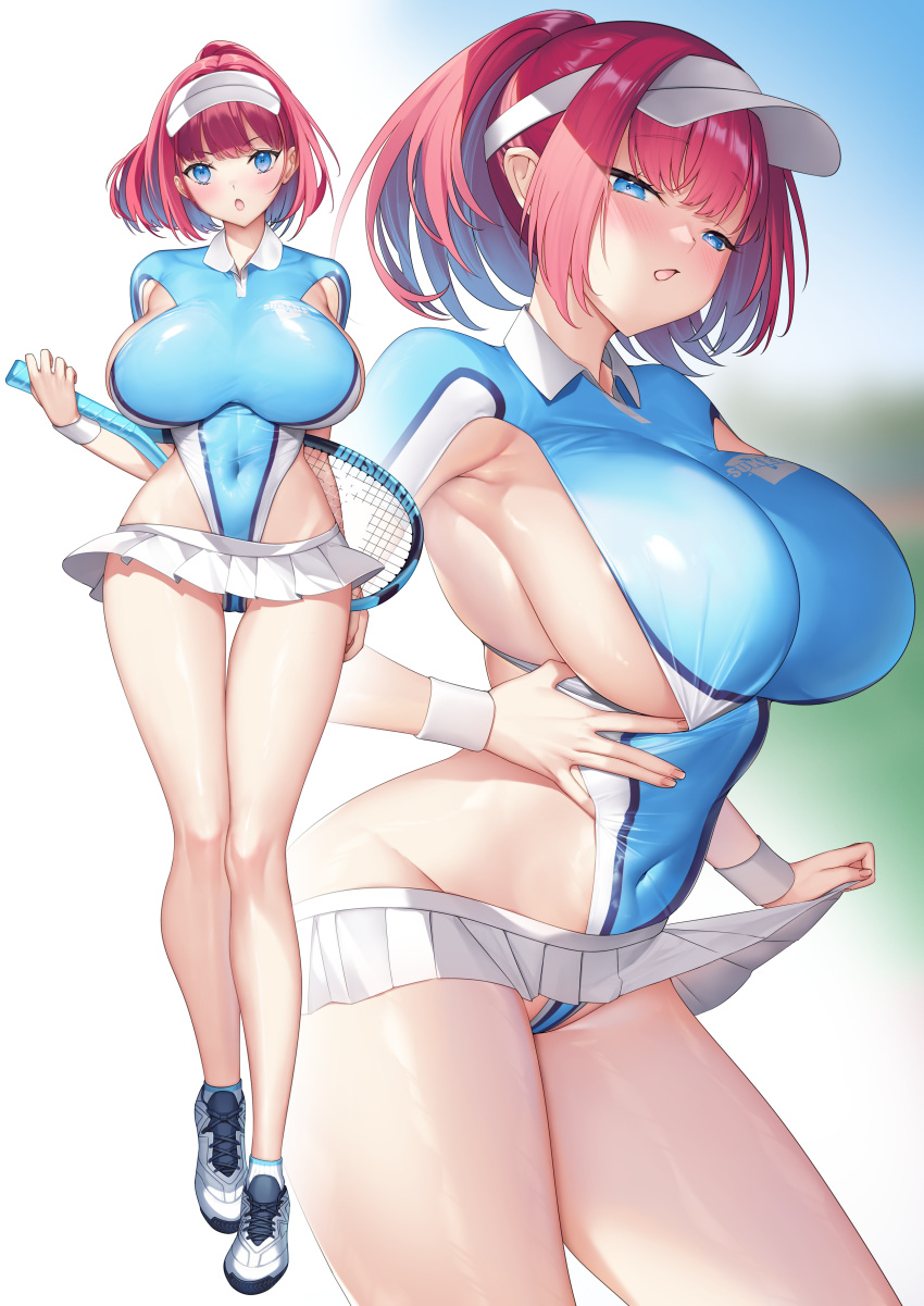 1girl :o absurdres bare_legs blue_eyes blue_leotard breasts commentary_request covered_navel hamada_pochiwo highleg highleg_leotard highres impossible_clothes large_breasts leotard medium_hair microskirt multiple_views original pink_hair pleated_skirt ponytail racket shoes sideboob simple_background skirt tennis_racket visor_cap white_background white_footwear white_headwear white_skirt