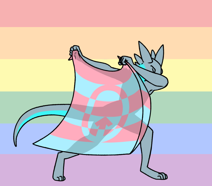 4_toes 5_fingers andromorph_(lore) andromorph_pride_colors anthro dabbing digitigrade drayk_dagger eyes_closed feet fingers flag hi_res holding_flag holding_object horn lgbt_pride meme nude pose pride_colors rainbow_flag rainbow_symbol shurian silhouette sillydraco simple_background six-stripe_rainbow_pride_colors solo standing symbol toes